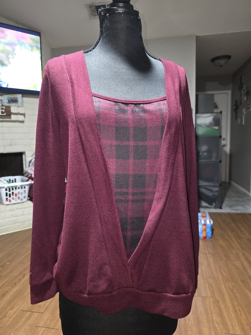 SHEIN Burgundy Layered Plaid V-Neck Cardigan Sweater